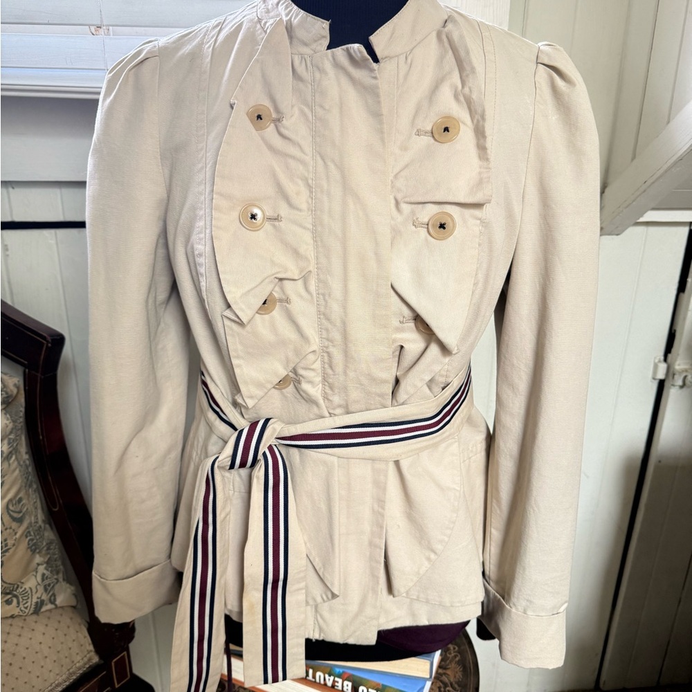 Anthropologie Isla Beige zip up Jacket w/detachableReversible Striped Belt